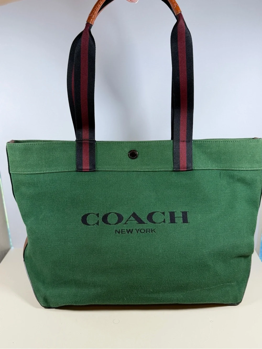 Coach Green Canvas Tote with Black and Burgundy Straps